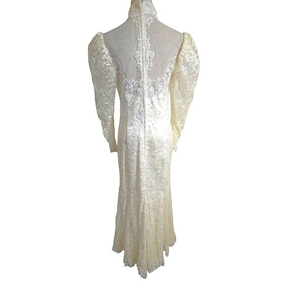 Vintage White Victorian 80s Wedding Lace Dress with Pearl Details - Picture 3 of 12